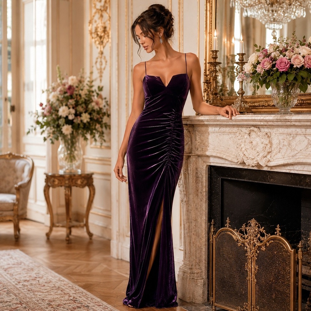 Emerald Sundae Purple Velvet Ruched Maxi Dress Notched Sweetheart Gown AGQ4280 S